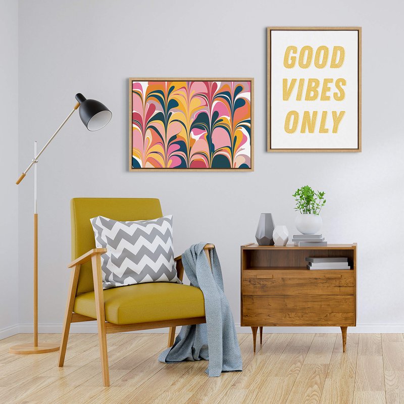 Kate and Laurel Sylvie Good Vibes Only in Yellow Framed Canvas Wall Art by Apricot and Birch, 18x24 Natural, Inspiring Positive Art for Wall