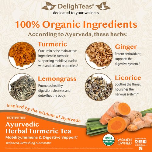 DelighTeas Organic Turmeric Ginger Tea | Ayurvedic Loose Leaf Herbal Turmeric Tea for Mobility, Immune & Digestive Support | Non-GMO, Caffeine Free, Unsweetened | 75 Servings, 6oz.