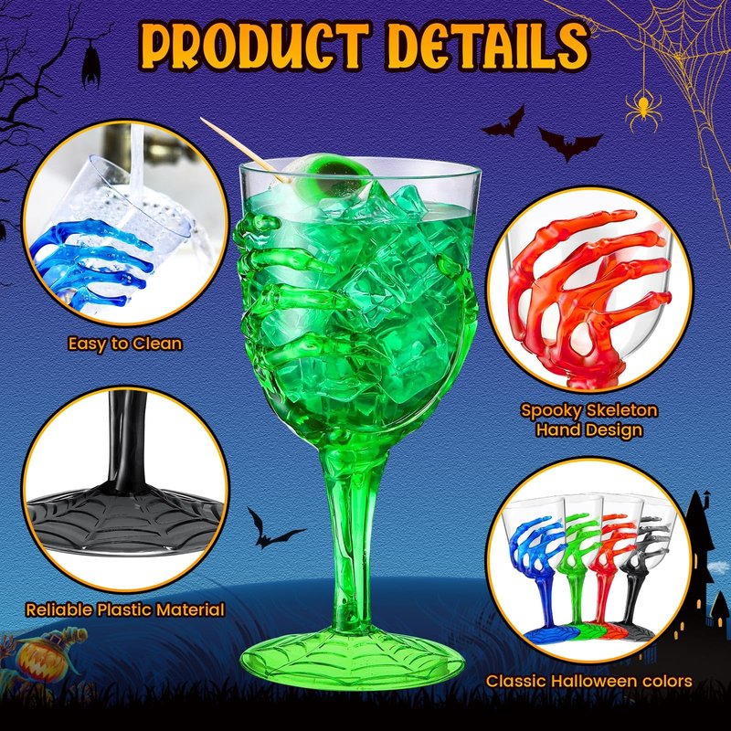 Sliner 24 Pcs Halloween Skeleton Hand Plastic Goblets 12 oz Spooky Skeleton Hand Goblets Halloween Wine Glasses Champagne Glassware Creepy Clear Cups for Party Haunted House, 4 Color