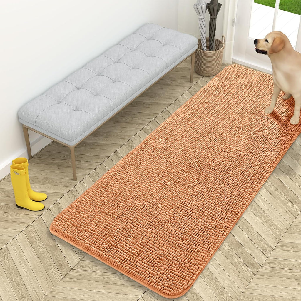 OLANLY Dog Door Mat - Absorbent Non-Slip Washable Chenille Mat for Muddy Paws | 59x24, Orange