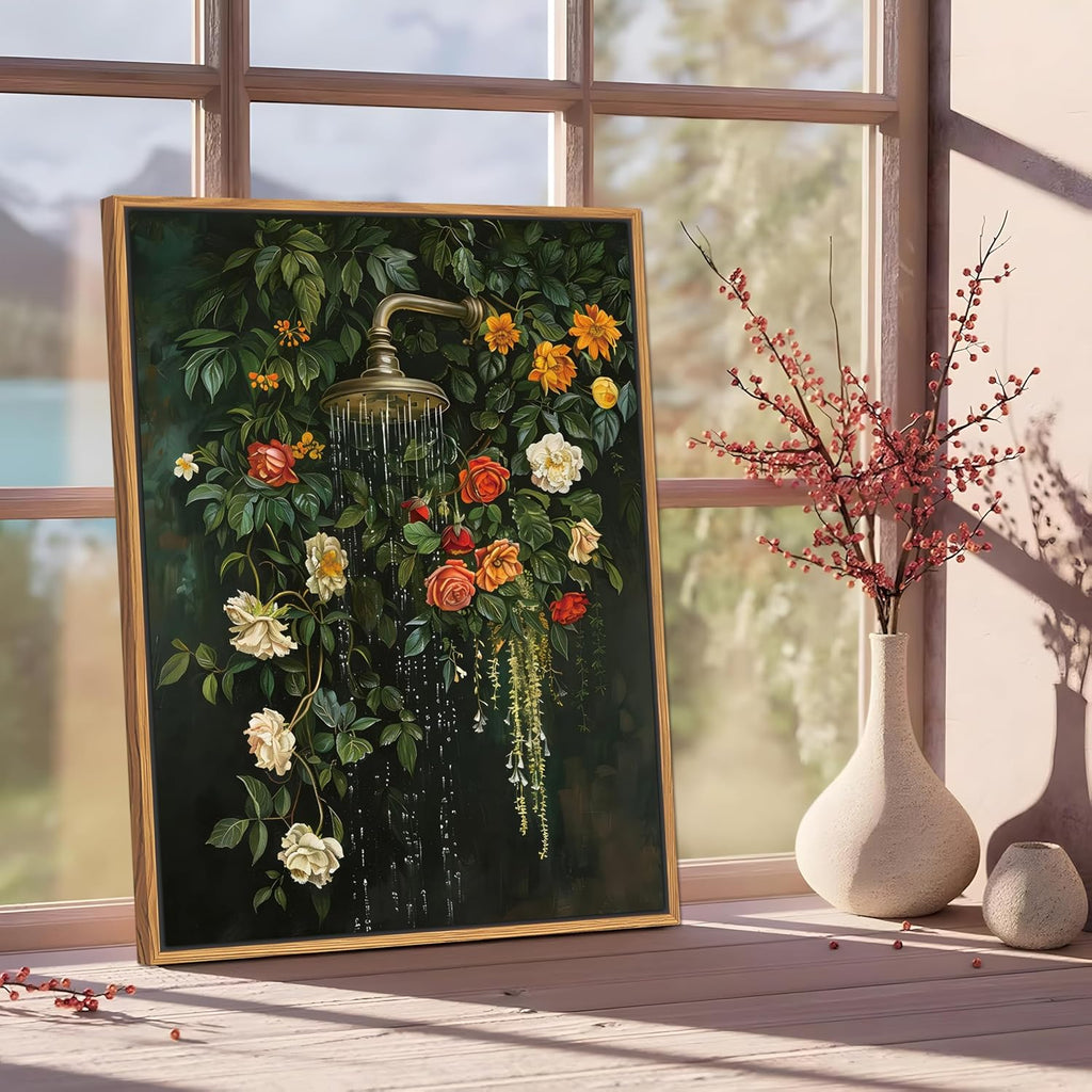 Skiennix Floating Framed Floral Shower Wall Art - Vintage Botanical Canvas Print | Romantic Garden Roses 12x16 Inch