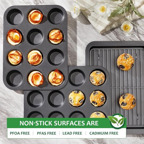 HONGBAKE Nonstick Muffin Pan - 12-Cup Baking Tray Set, Dishwasher Safe, Dark Grey Finish
