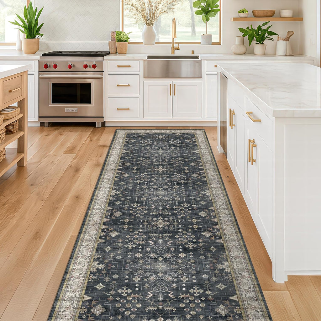 Skiennix Black Washable 10ft Long Runner Rug - Non-Slip Rubber Backing | Boho Vintage Design
