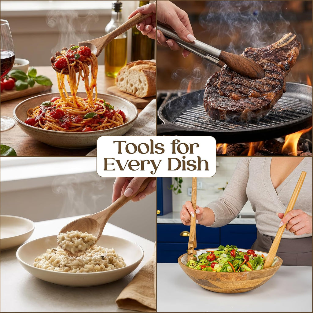 Skiennix 8-Piece Teak Wooden Cooking Spoons Set | Smooth-Sanded Utensils with Comfortable Grip Handles