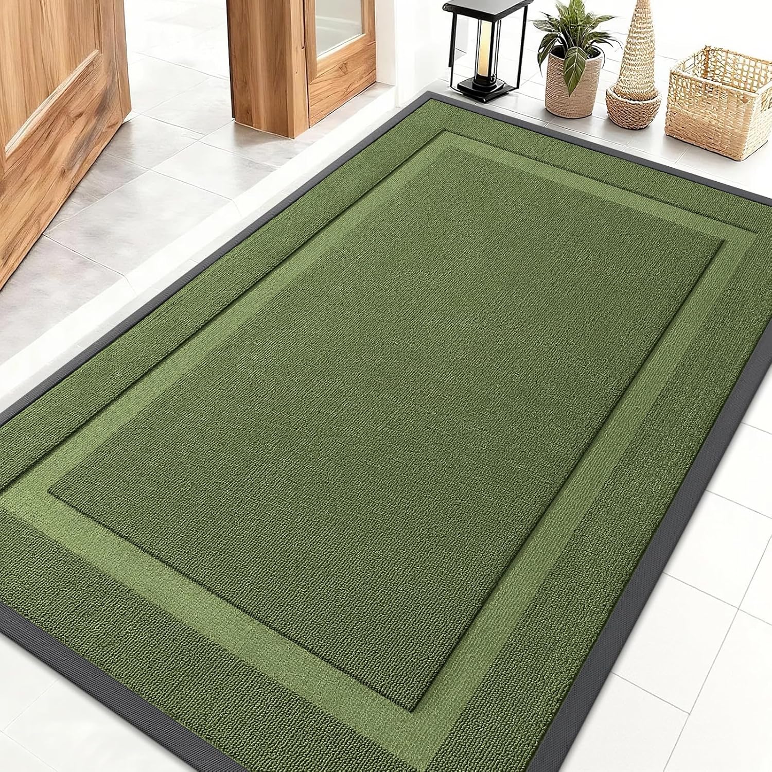 OLANLY Waterproof All-Season Front Door Mat - Sturdy Natural Rubber, Easy Clean | 47x32, Classic Green