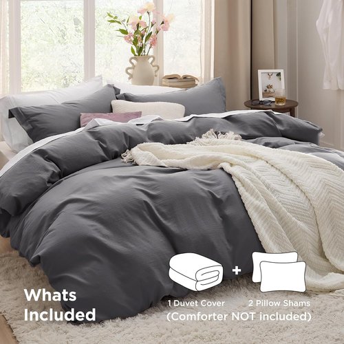 Bedsure Charcoal Grey Duvet Cover Set | Soft 3-Piece Queen Size with Zipper Closure - 90x90 Inches