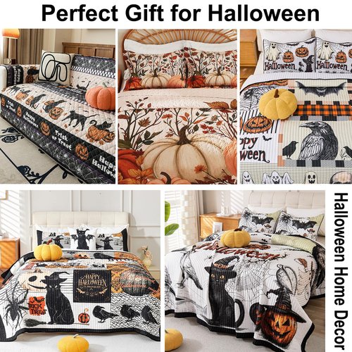 Cmfshape Halloween Quilt Set Bedspread Set,3 Piece Halloween Black Cat Pumpkin Spider Skull Themed Bedding Set King Size,Reversible Coverlet Set with 2 Pillow Shams (King 104"x90")