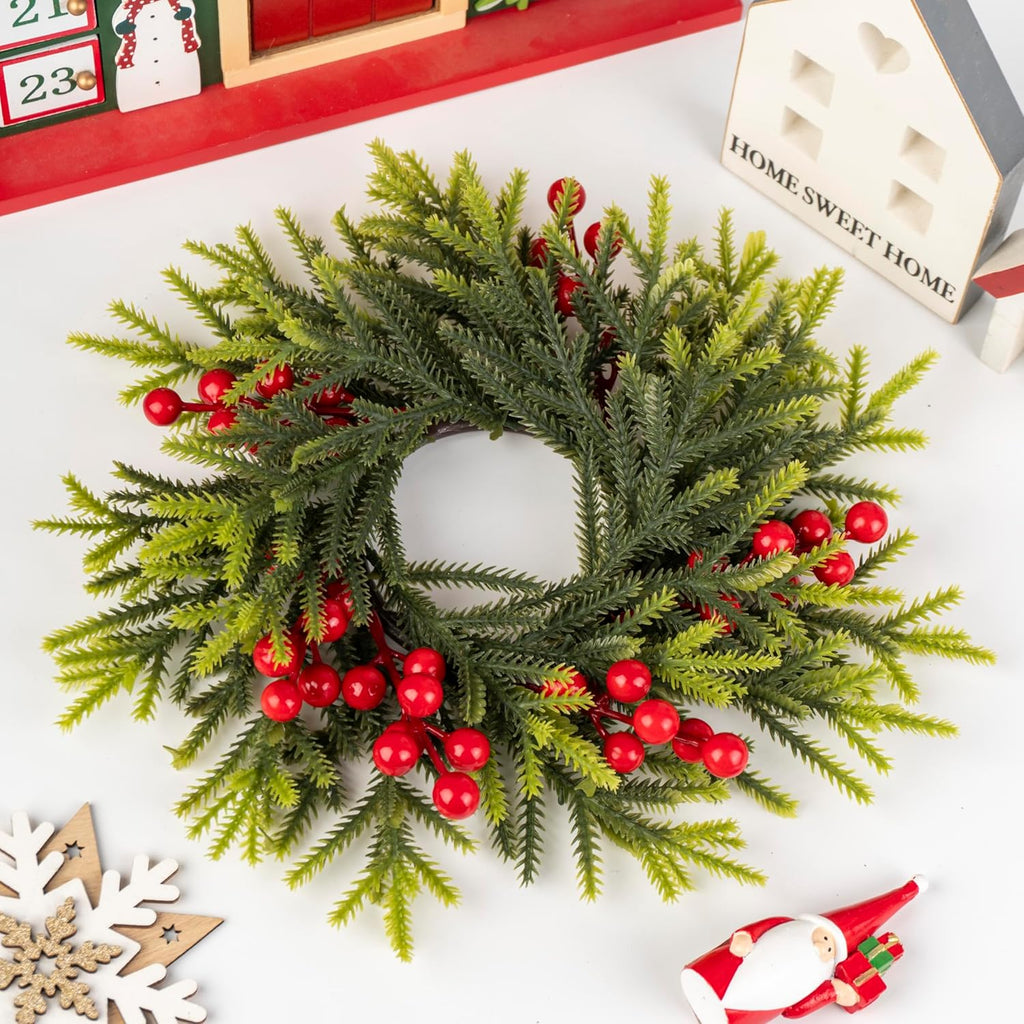Regine Switzerland Christmas Candle Rings - 11.6 Inch Artificial Pine & Red Berries | Perfect for Holiday Decor & Centerpieces