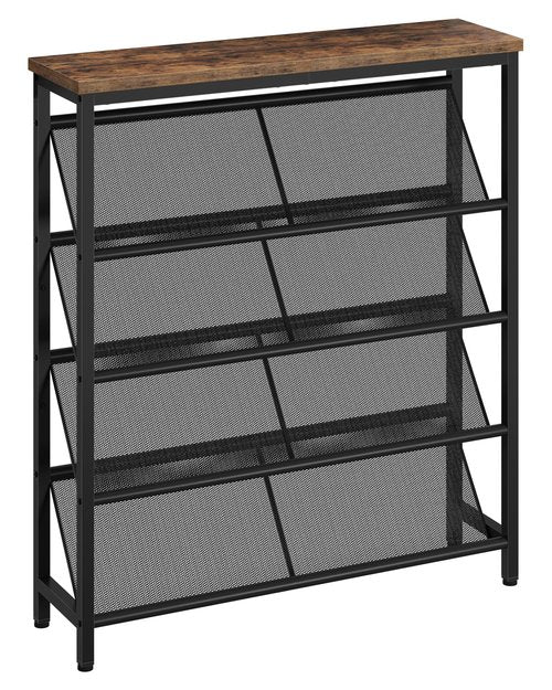 CHOEZON Shoe Rack, 5-Tier Slanted Shoe Storage Shelf, Narrow Shoe Rack for Entryway, Shoe Organizer with Adjustable Feet, Slim Shoe Shelf with Wooden Top and Metal Frame Rustic Brown and Black TXJ02BF