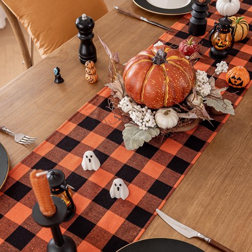 Softalker Fall Checkered Table Runner - Orange Buffalo Plaid Halloween Thanksgiving Stain Resistant Washable Table Decoration for Dining/Parties/Holiday Decor, 13 x 120 Inch