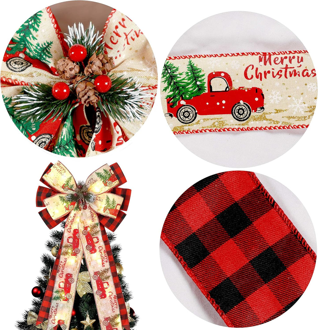 Skiennix Christmas Tree Topper Bow - 30 LED Lights, 13”x25” Large Red Black Buffalo Plaid Decor