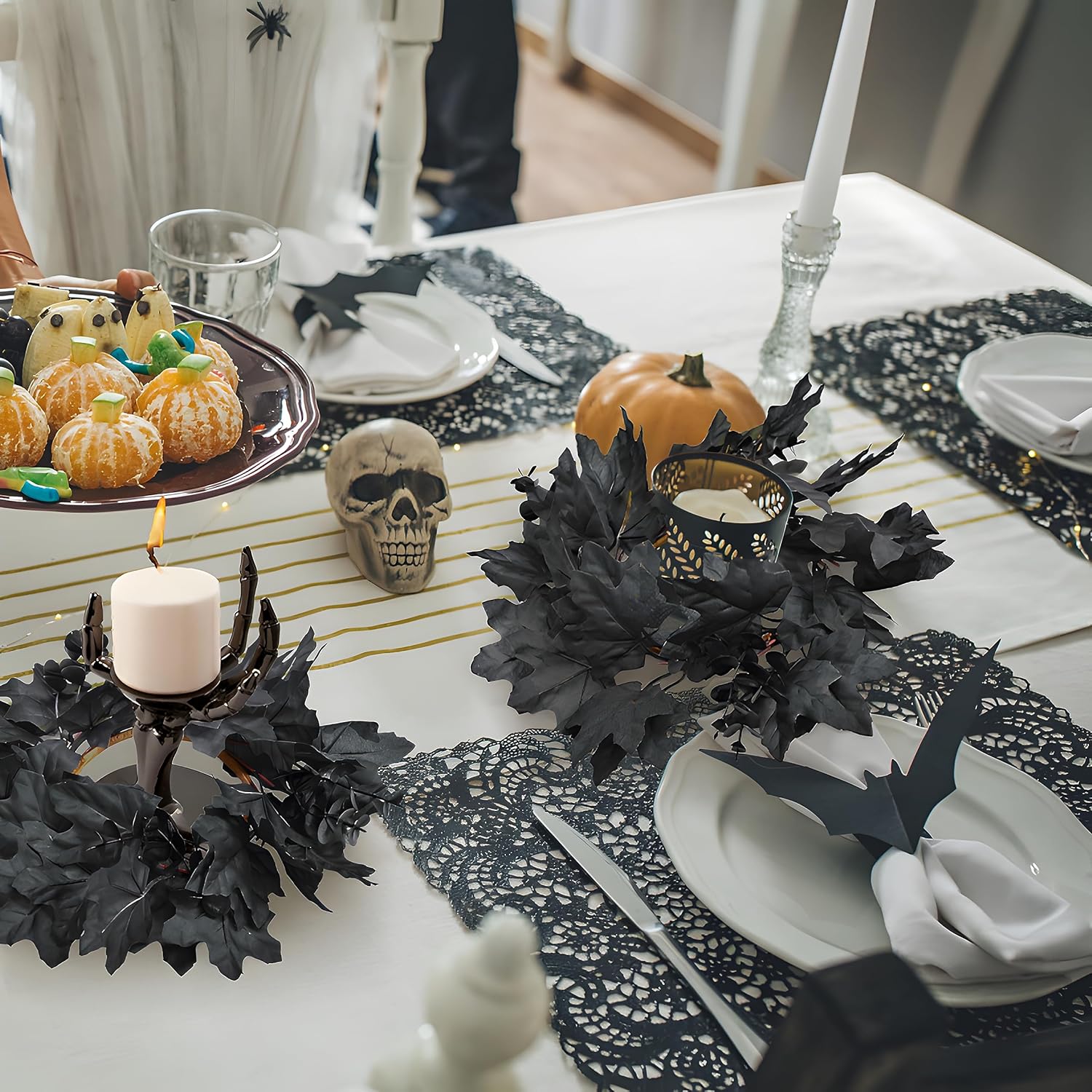 Skiennix Halloween Black Candle Rings - 6Pcs Maple Leaf Wreaths for Fall Table Centerpieces | Home Decor
