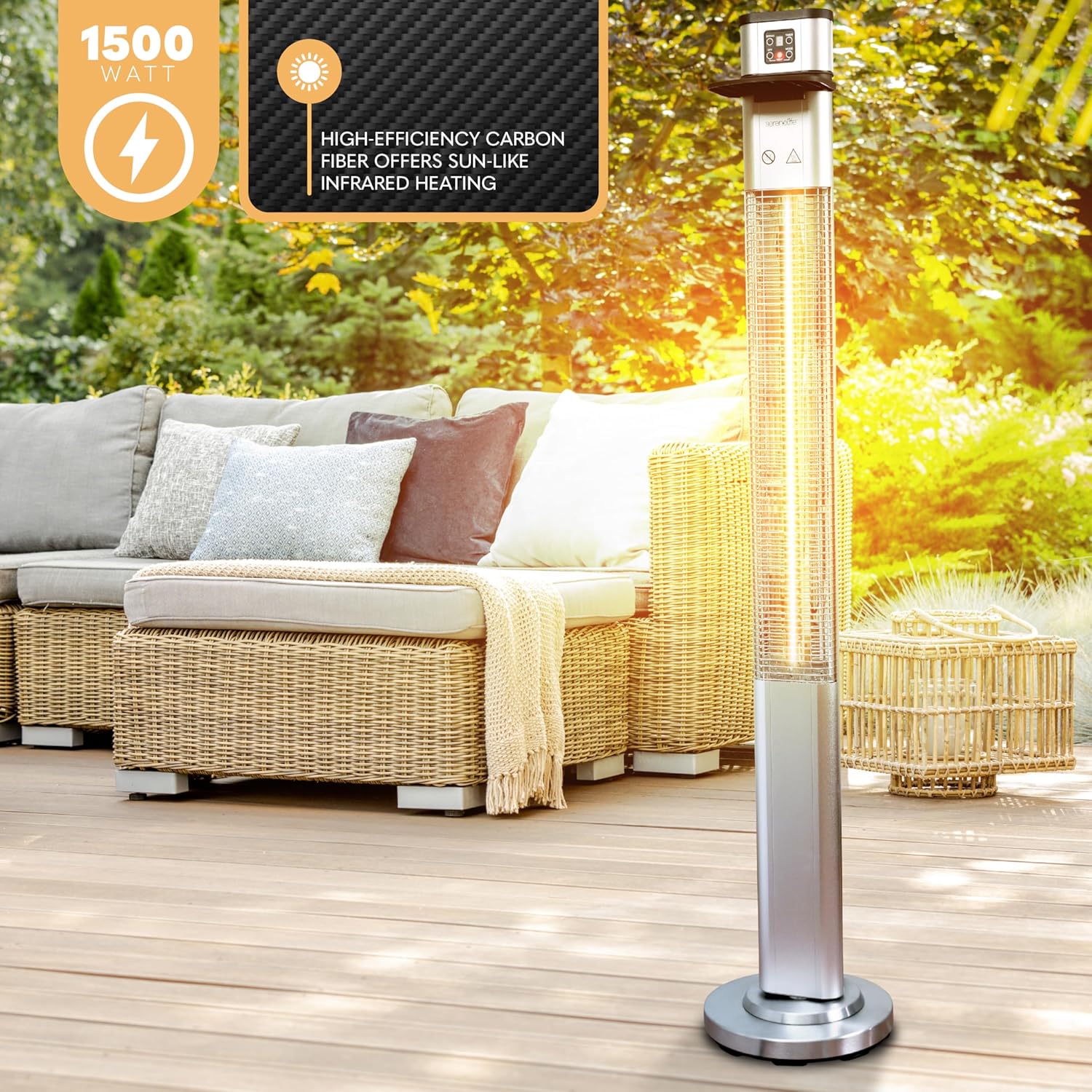 SereneLife Infrared Patio Heater - 1500W Electric Indoor/Outdoor Heater with Remote Control | Portable Silver Design for Restaurants, Patios, Garages, and Decks