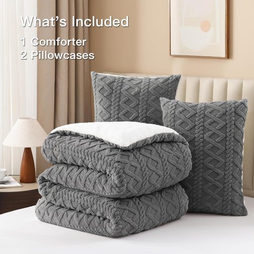 Andency Fluffy Sherpa Queen Comforter Set - Super Soft Gray Fleece Bedding for Winter | 3-Piece Luxury Boho Design