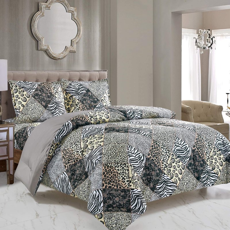 WPM 3 Piece Animal Print Comforter with Pillow Sham, Black White Gray Leopard Zebra Giraffe Jungle Forest Theme Design Queen Size Bedding- Safari (Black, Queen)