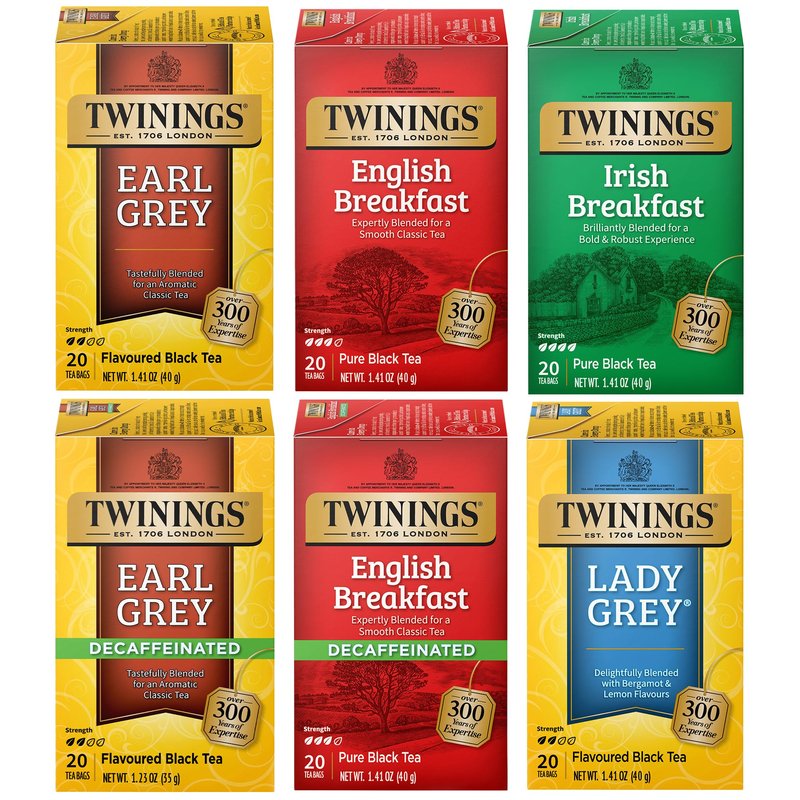Twinings Tea Variety 6-Pack – Earl Grey, English Breakfast, Irish Breakfast, Decaffeinated Earl Grey, Decaffeinated English Breakfast, Lady Grey Tea Bags, 20 Count Each