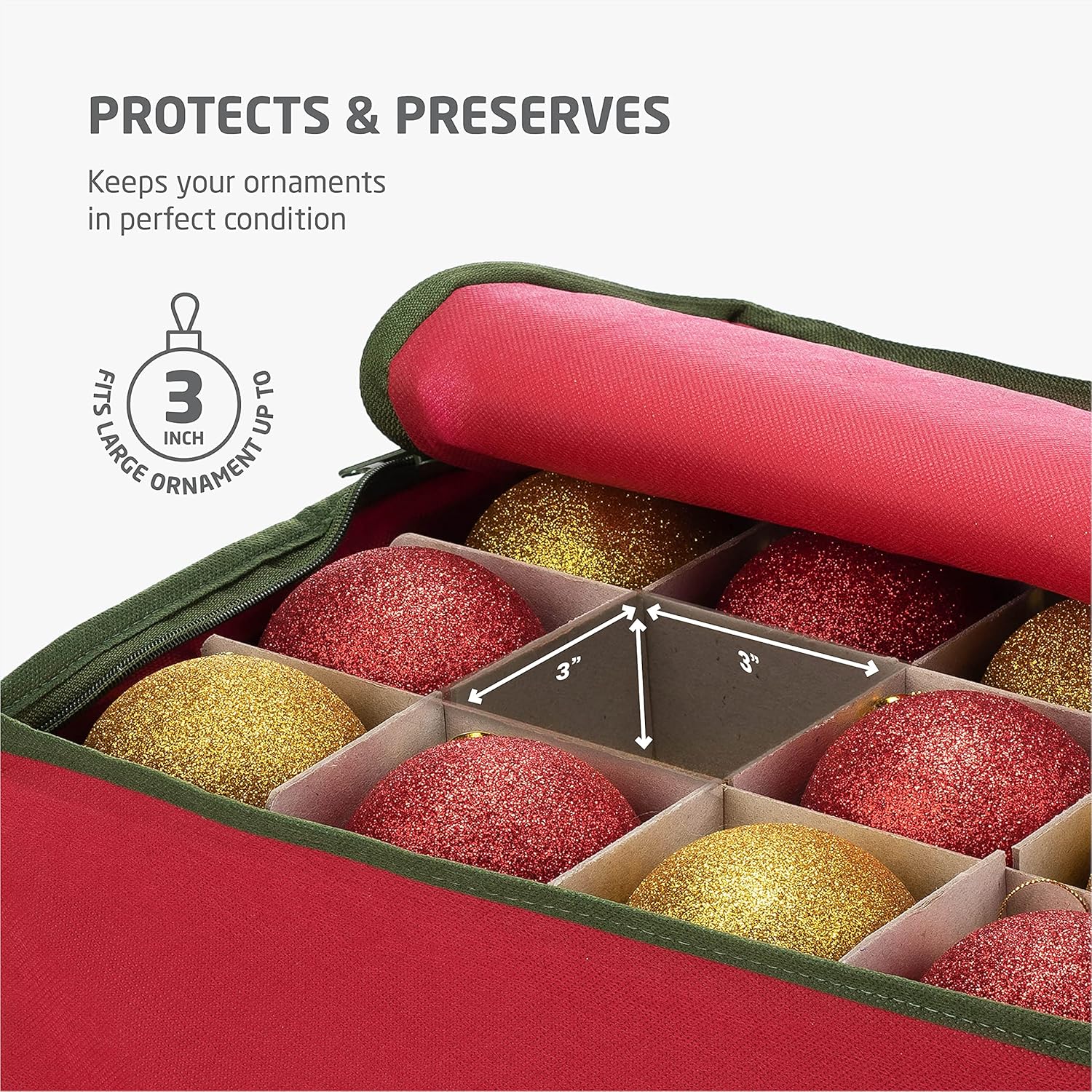 ZOBER Christmas Ornament Storage Box - Holds 64 3" Ornaments with Dividers - Durable Tear-Proof 600D Oxford Fabric - Red