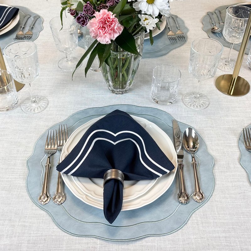 Bryonia Embroidered Scalloped Faux Leather Placemats Set of 4 - Earth Tone, Soft, Wipeable Luxury Dinner Table Mats for Dining & Wedding, Gift for Mom, 17.25" x 15", Light Blue Gray