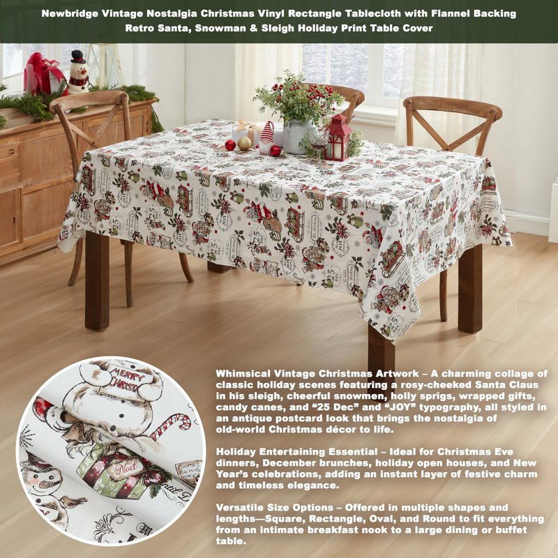 Newbridge Vintage Nostalgia Christmas 60 x 102 Inch Rectangle Vinyl Tablecloth with Flannel Backing – Retro Santa Claus, Snowman & Sleigh Holiday Print Easy-Care Wipe Clean Table Cover