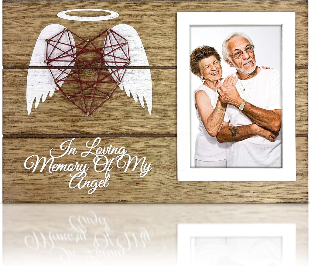 OakiWay Memorial Gifts - Heart-Shaped Guardian Angel Wood Picture Frame | 4x6 Sympathy Gift for Loved Ones