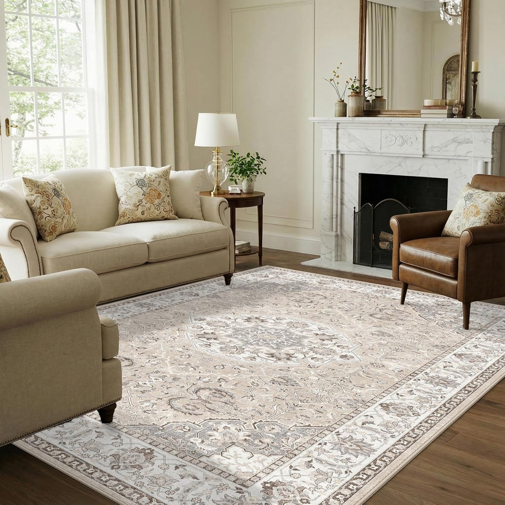 Skiennix 7x10 Area Rug - Washable Vintage Design for Living Room, Bedroom, Office | Durable Non-Slip Beige Carpet
