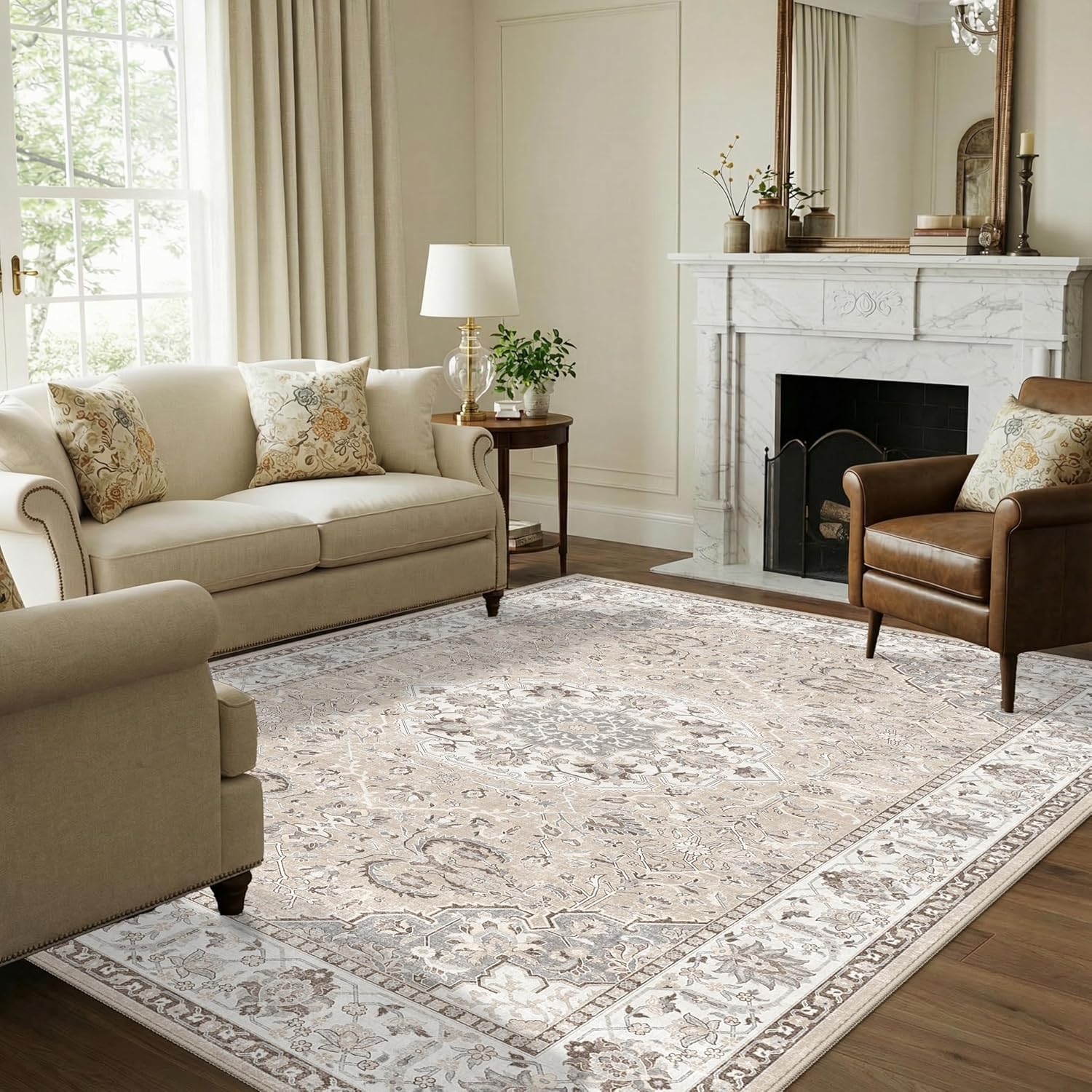 Skiennix 7x10 Area Rug - Washable Vintage Design for Living Room, Bedroom, Office | Durable Non-Slip Beige Carpet