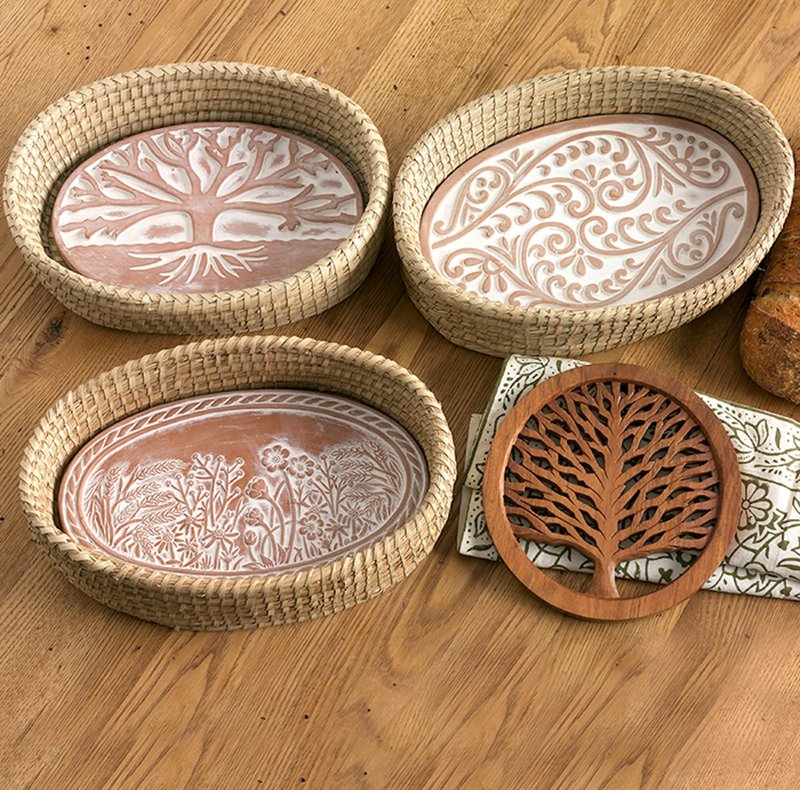 Better World Bio Bread Basket with Terracotta Warmer, Bread Basket for Serving, Sized 12.5" w x 8.5" d x 3.5" h, Nature Inspired Tree of Life Design