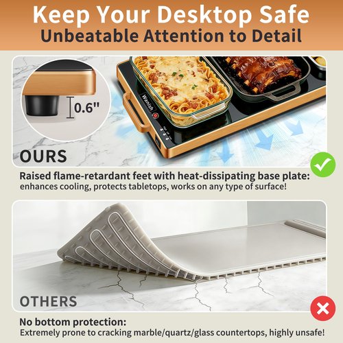 Electric Warming Tray (L 32"x12")，Food Warmers for Parties Buffet with Thermostat & Full Surface Heating, Tempered Glass Warming Mat for Food, Temperature Adjustable Gold Handles Food Warming Mat