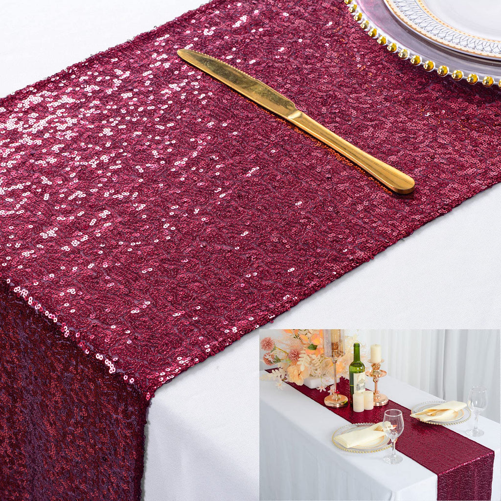 ShinyBeauty Sequin Table Runner Burgundy 12 by 108 Inch Wine Sparkle Sequence Table Cloth Runner Party Supplies Glitter Sequin Mesh Table Runner for Birthday Party Wedding Banquet Decoration