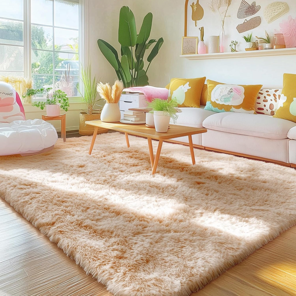 OLANLY 4x4 Soft Fluffy Shaggy Accent Rug - Machine Washable Indoor Carpet for Bedroom & Nursery, Beige