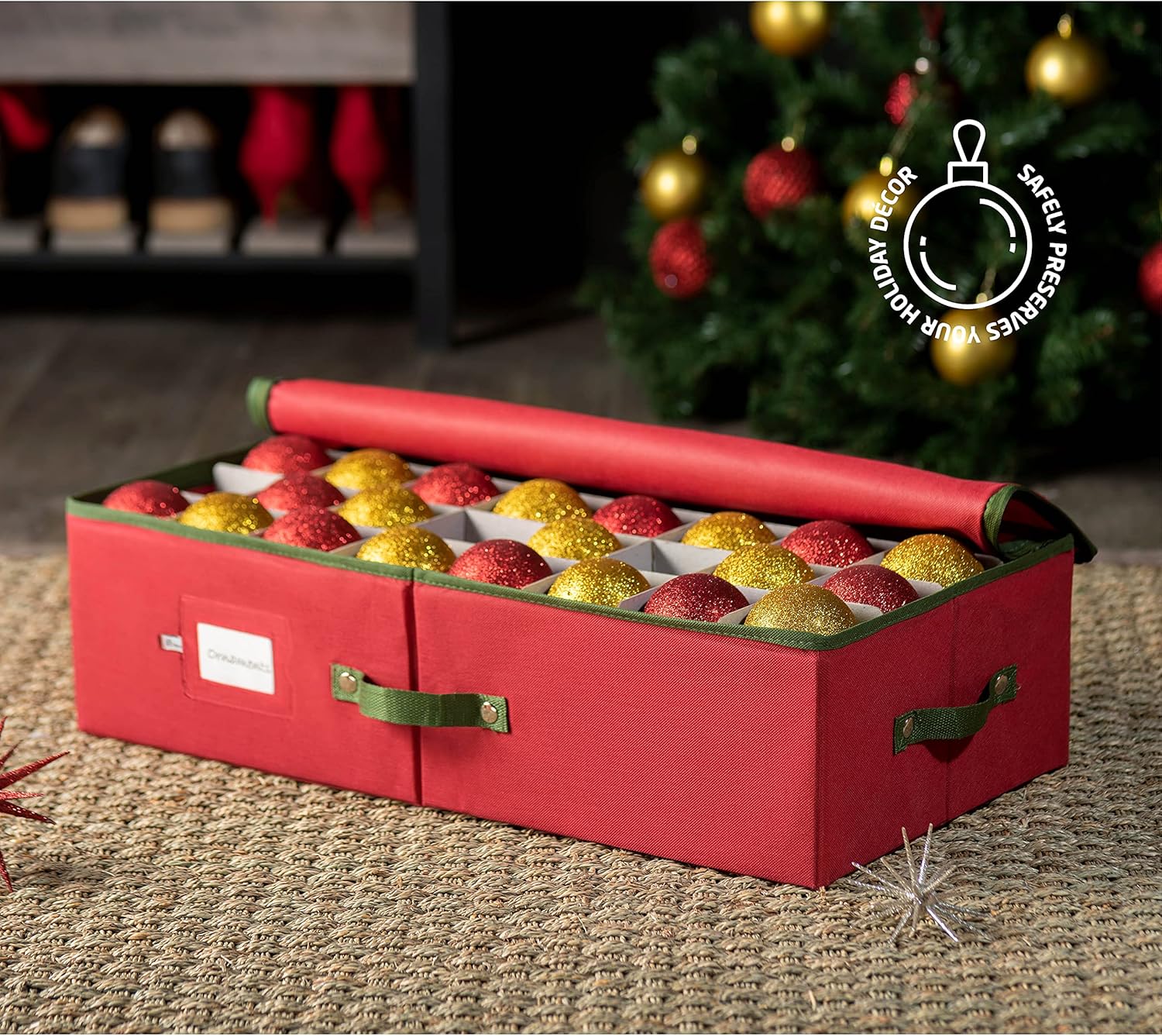 ZOBER Christmas Ornament Storage Box - Holds 64 3" Ornaments with Dividers - Durable Tear-Proof 600D Oxford Fabric - Red