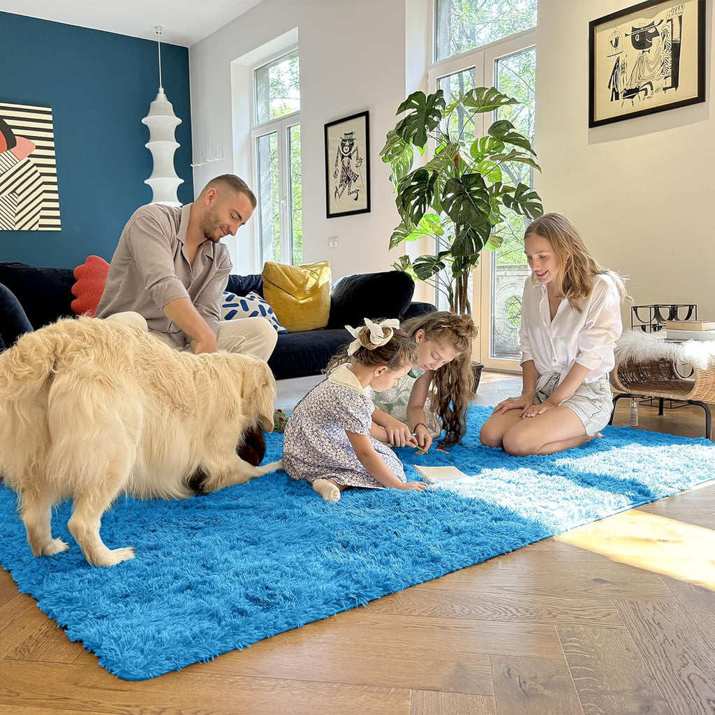 OLANLY Small Bedside Rug - Soft Fluffy Shaggy Throw Rug for Bedroom & Living Room | Bright Blue