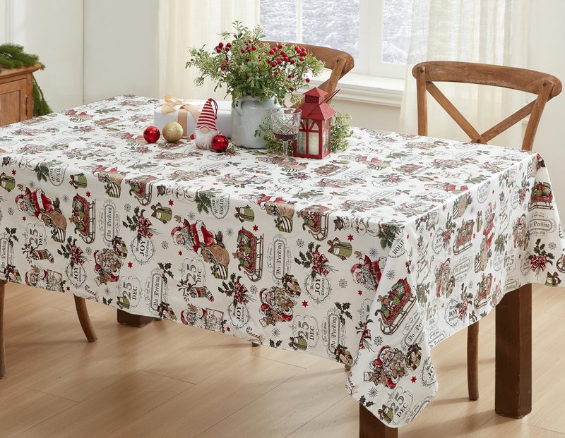 Newbridge Vintage Nostalgia Christmas 60 x 102 Inch Rectangle Vinyl Tablecloth with Flannel Backing – Retro Santa Claus, Snowman & Sleigh Holiday Print Easy-Care Wipe Clean Table Cover