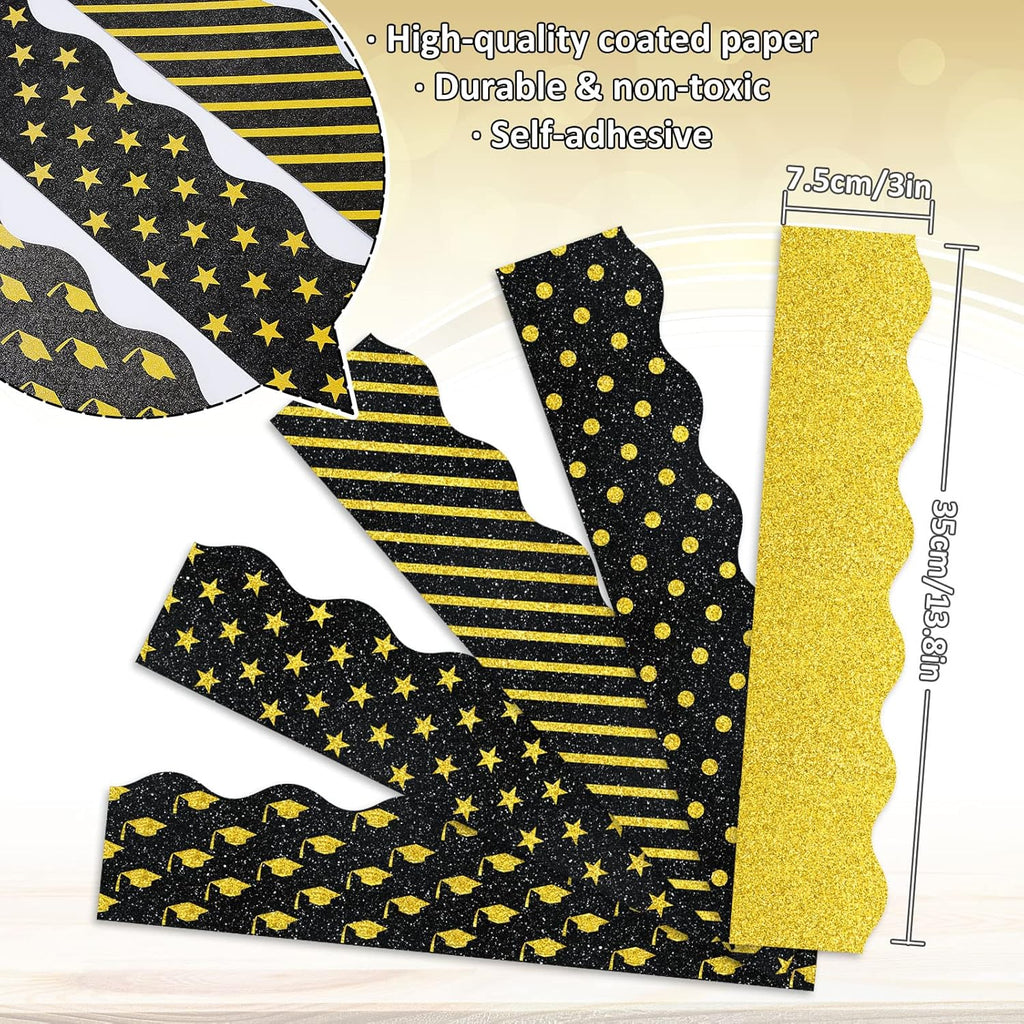 Whaline Graduation Bulletin Board Borders - Glitter Black & Gold Cap & Star Design | 69Ft Trim for Classroom & Party Decor