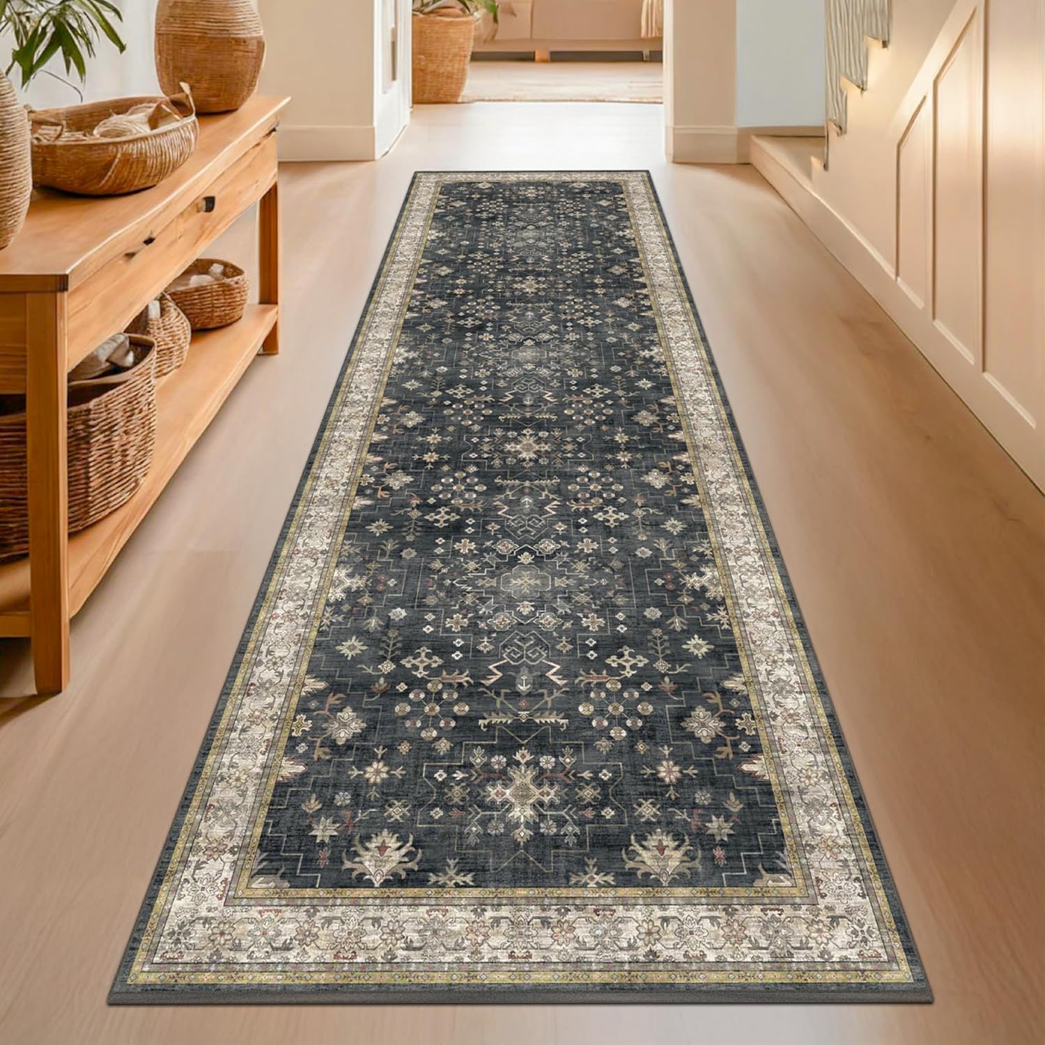 Skiennix Black Washable 10ft Long Runner Rug - Non-Slip Rubber Backing | Boho Vintage Design