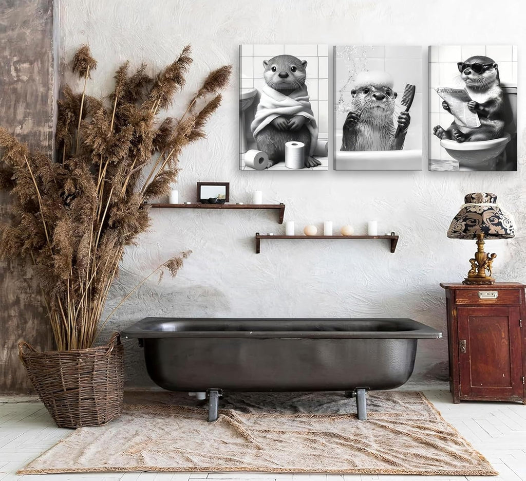 Skiennix Cute Otter Canvas Wall Art - Funny Black and White Animal Print | 3-Piece Bathroom Decor
