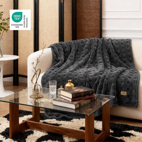 Bedsure Waffle Throw Blanket - Dark Grey Cozy Fluffy Fleece for Couch & Sofa Decor | 50x60 Inches