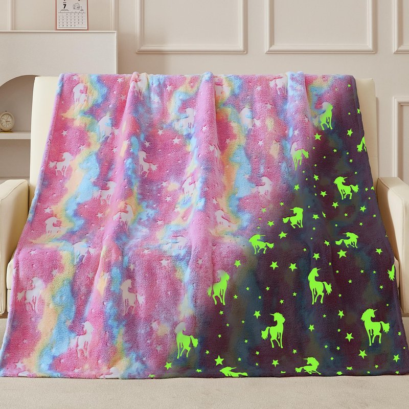 QSTEHEML Glow in The Dark Unicorn Blanket ，Birthday Gift for Girls Age 3-12 Years Old, Unicorns Toys Girls Presents for Grandkids, Soft Unicorns Throw Blanket for Daughter 50"×60"
