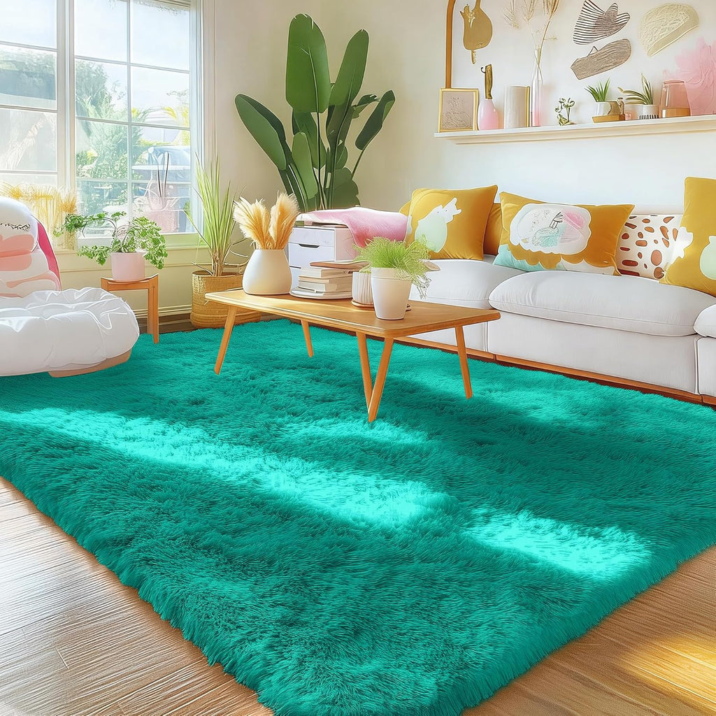 OLANLY Area Rug - Soft Fluffy Shaggy Carpet for Living Room & Bedroom | Machine Washable 4x5.9 ft in Teal Green