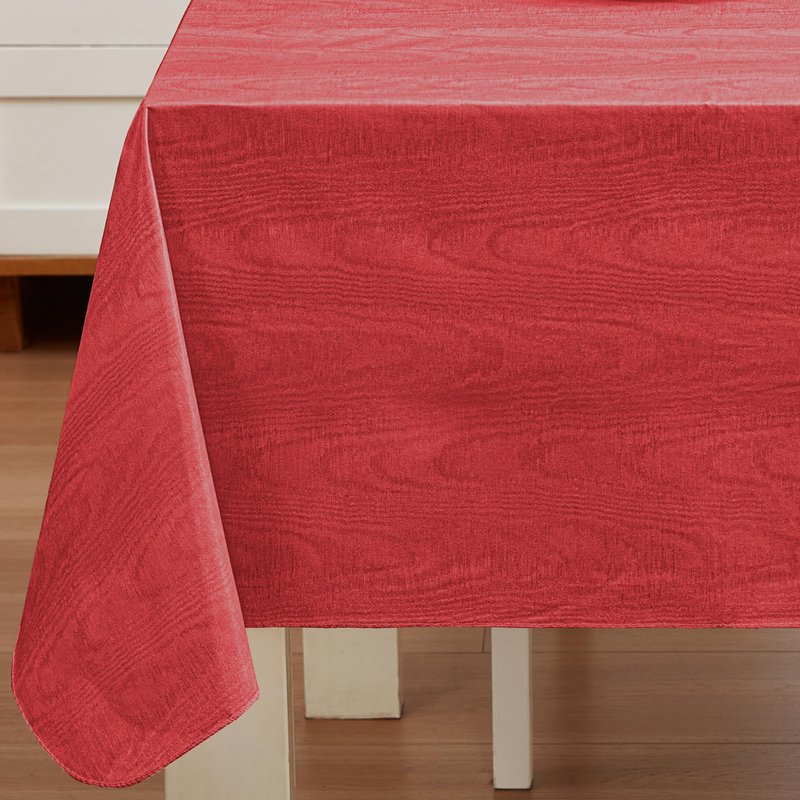 Newbridge Red Moire Wavy Solid Vinyl Flannel Backed Tablecloth, 60 x 102 Inch Rectangle, Heavyweight Indoor Outdoor Waterproof Table Cover, Easy Care Wipe Clean