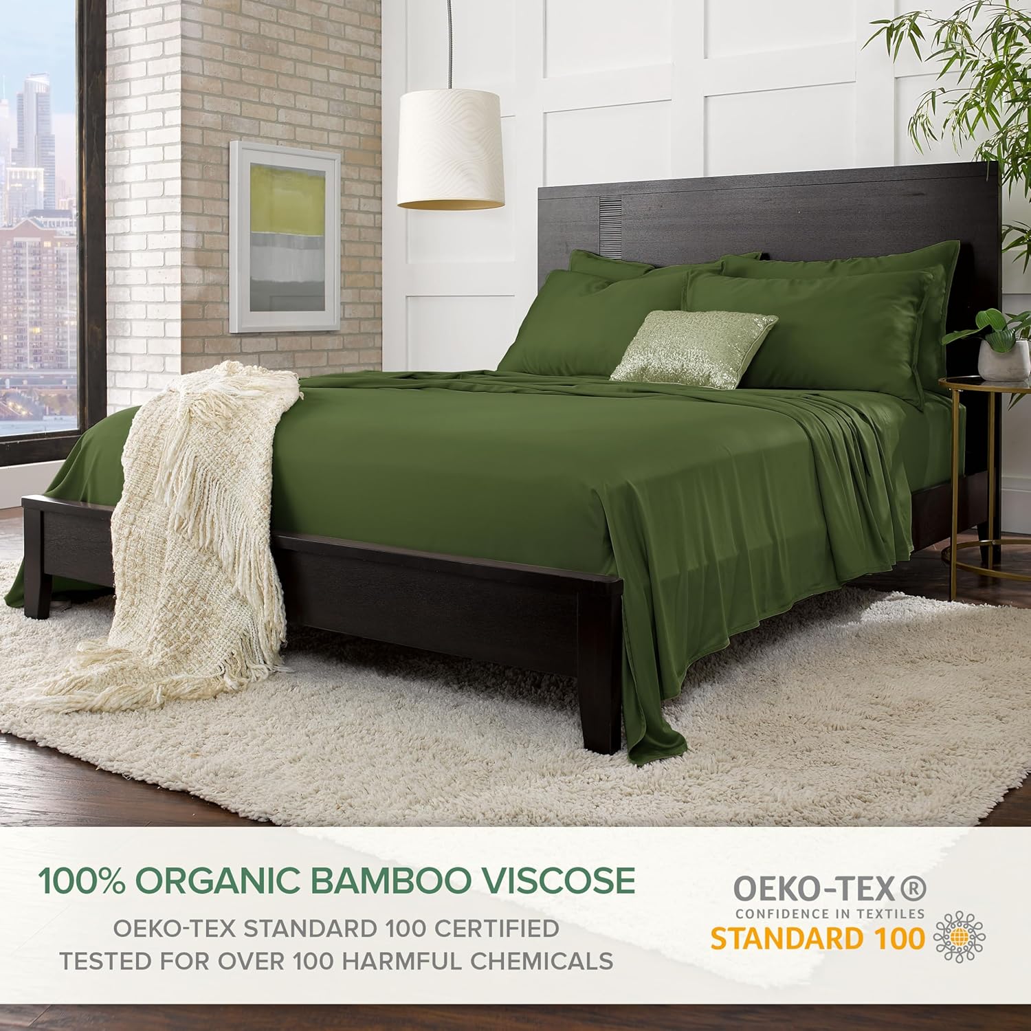 Pure Bamboo Twin Sheets - Luxuriously Soft & Cooling 100% Organic Viscose Bed Sheet Set | Pesto Color, Double Stitching