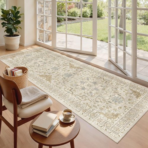 Madane Hallway Runner - Vintage Washable Kitchen Rug | Non-Slip Indoor Area Carpet (3x8, Beige/Blue)