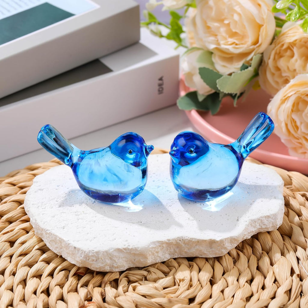 Qianwei Crystal Bird Figurines - Handmade Blown Glass Collectibles for Office Desk Decor | 2pcs Sky Blue
