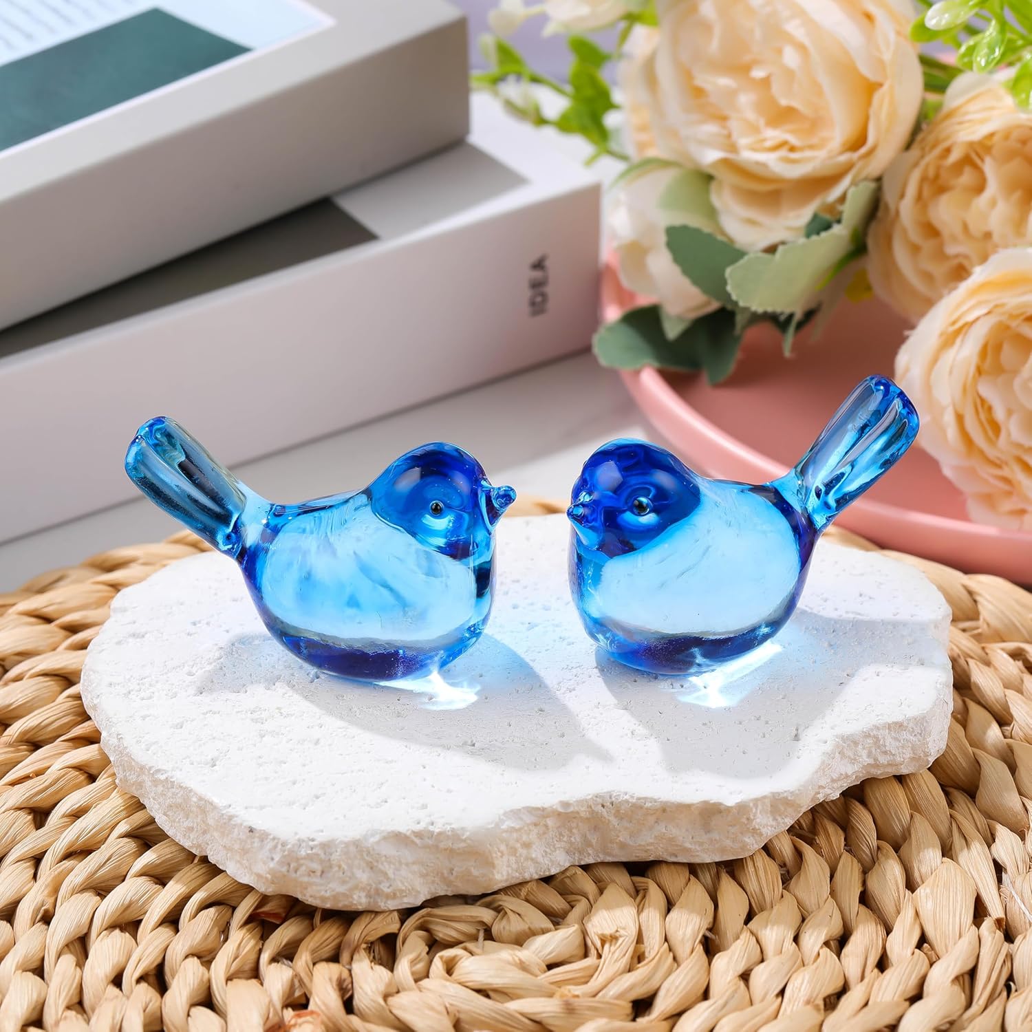 Qianwei Crystal Bird Figurines - Handmade Blown Glass Collectibles for Office Desk Decor | 2pcs Sky Blue