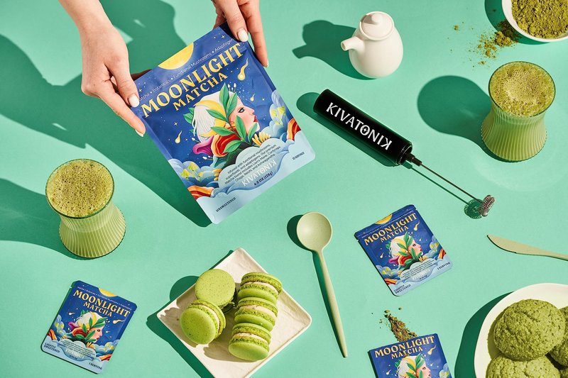 KIVATONIK Moonlight Matcha - Ceremonial Matcha with Organic Functional Mushrooms and Adaptogens - Lion's Mane, Cordyceps, Chaga, Reishi, and Ashwagandha (32 Servings, Lightly Sweetened)