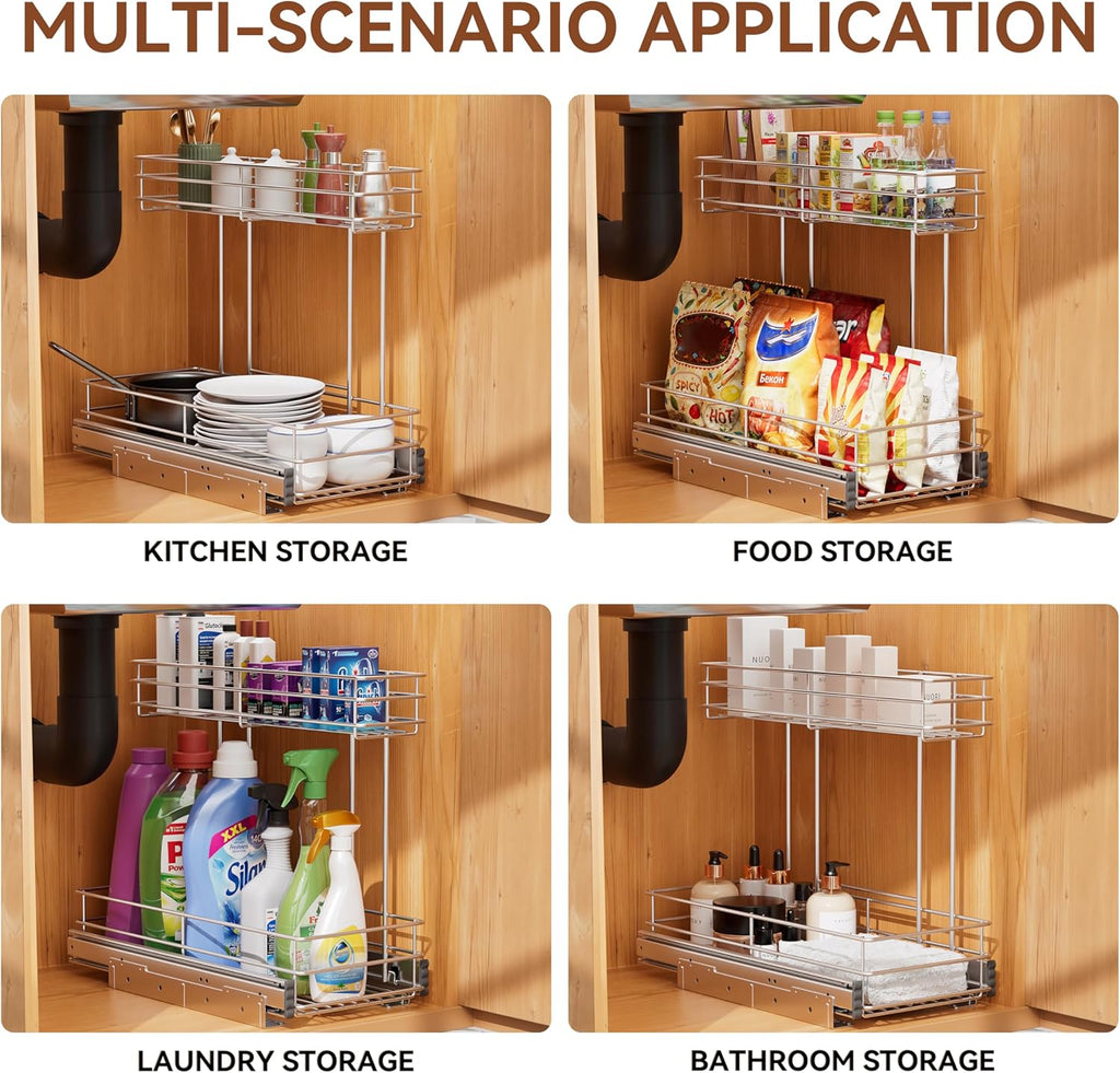 Under Sink Organizer - 2-Tier Pull-Out Cabinet Storage | Chrome Plated, 9"W x 18.5"D