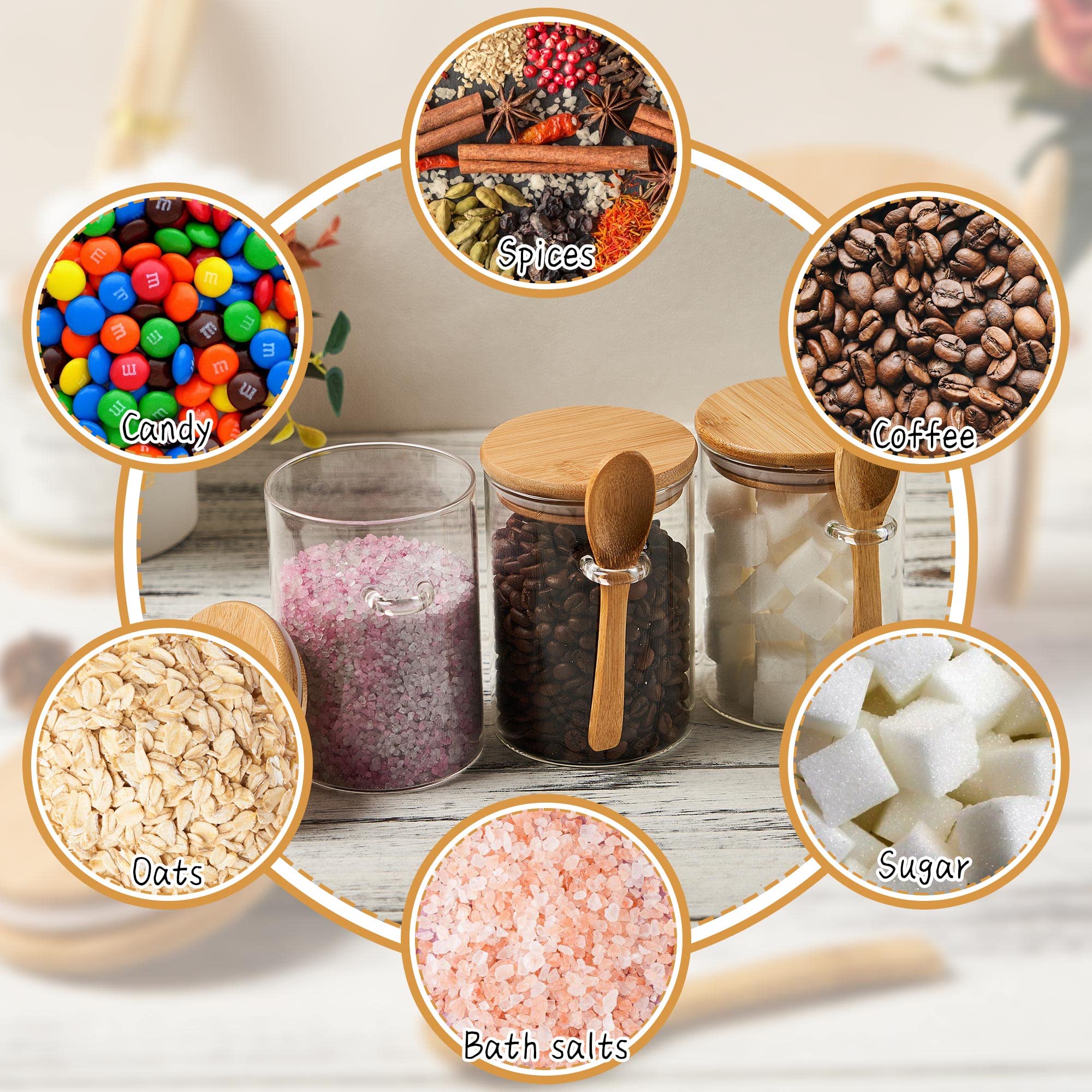 Glass Sugar Container with Spoon - 2 Pack 15oz Glass Jars with Bamboo Lid and Spoon, Bamboo Lid Storage Jar Canister for Coffee Beans, Spice, Brown Sugar, Tea, Flour, Nuts, Candy, Salts and More