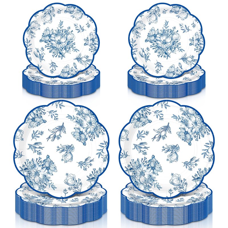 Booson 100 Pcs Blue Floral Plates Blue and White Flower Paper Plate 7 Inch 9 Inch Disposable Dessert Dinner Plates for Baby Bridal Shower Tea Party Supplies Wedding Birthday Decoration