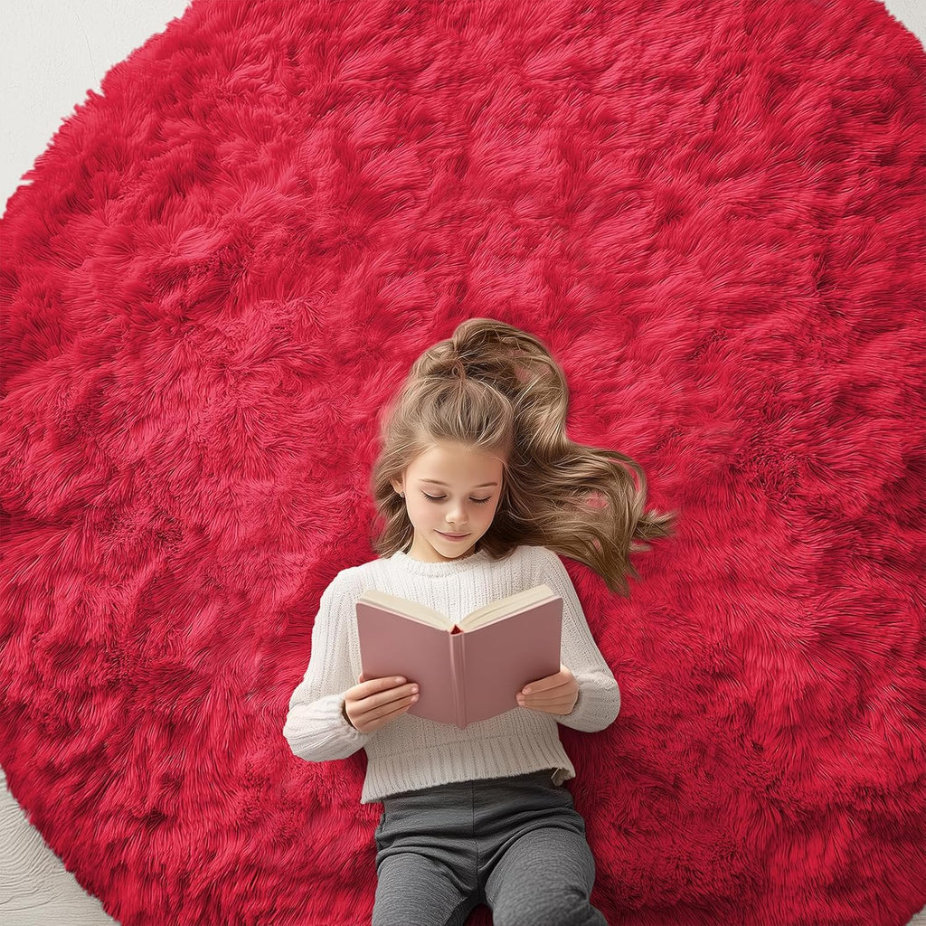 OLANLY Red Round Area Rug - Soft, Fluffy, Machine Washable 6 ft Circle Carpet for Bedrooms & Nurseries