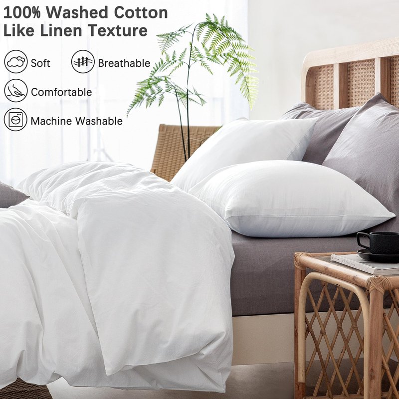 ATsense Duvet Cover King Size, 100% Washed Cotton Linen Feel Super Soft Comfortable, 3-Piece White Duvet Cover Bedding Set, Long-Lasting and Easy Care, Simple Style Farmhouse Comforter Cover